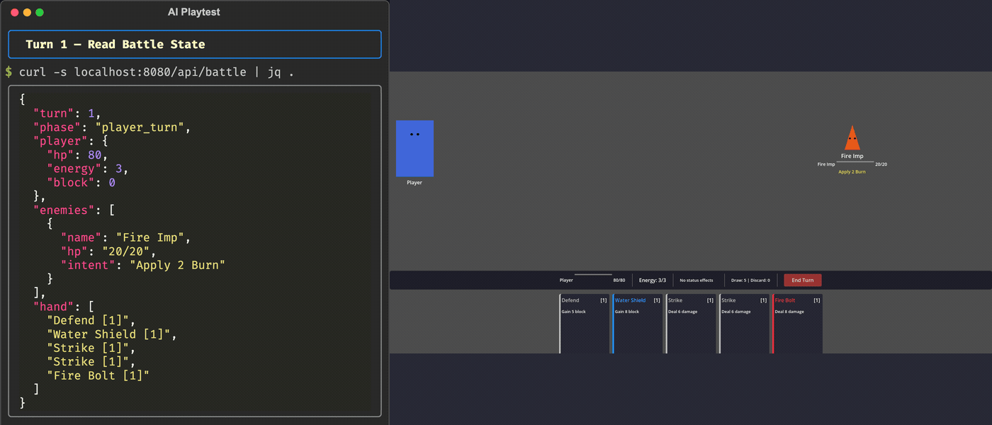 GIF of the AI playtest in action — the terminal scrolls with curl commands and JSON responses while the Godot game window updates in the background